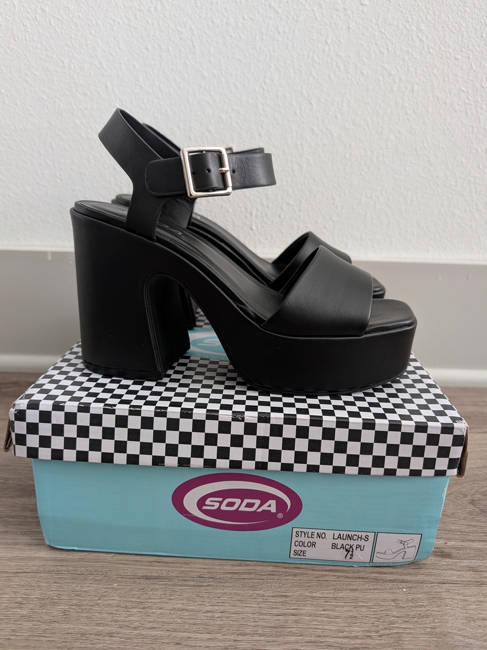 Soda Black Platform Block Heel Sandals with Buckle Strap